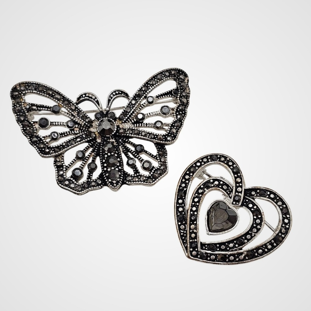 Rhinestone Brooch Set Butterfly Heart Dark Tone Goth Marcasite Style
